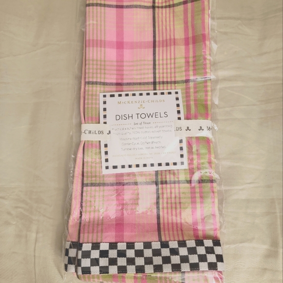 NWT Mackenzie-Childs Dish Towels | Set of Three | Pink and Green - Picture 2 of 5